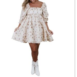 STORIA Elegant puff sleeve mini floral embroidered Cream Dress size small